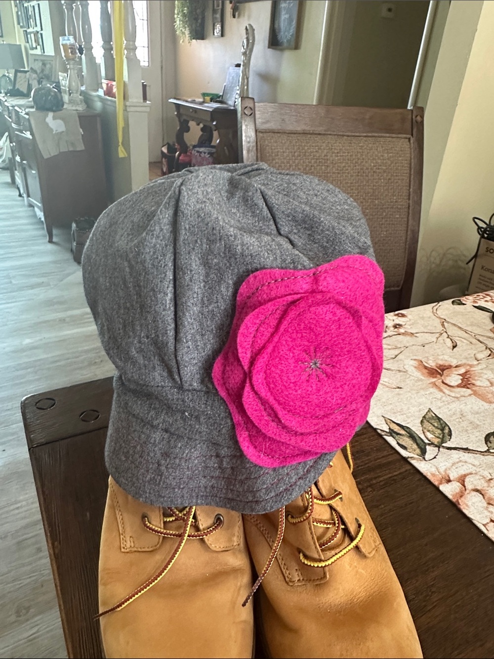 Gray Wool Cap with Pink Flower Accent
